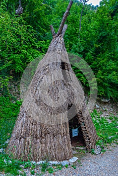 Reconstruction of paleolithic village at Lepenski Vir in Serbia