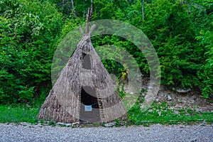 Reconstruction of paleolithic village at Lepenski Vir in Serbia