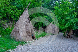 Reconstruction of paleolithic village at Lepenski Vir in Serbia