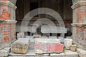 Reconstruction of territory of ancient Vysokopetrovsky Monastery male monastery on Petrovka street, in center area of Moscow, Russ