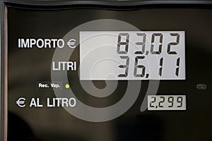 Record increase for fuel prices in Italy. Petrol and diesel over â‚¬ 2 per liter. Gas station
