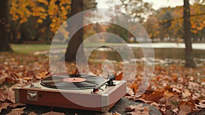 A record player spinning smooth jazz records in a park surrounded by colorful fall foliage and a crisp breeze photo