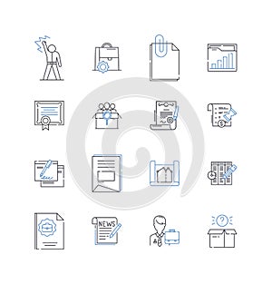 Record processing line icons collection. Sorting, Indexing, Inputting, Exporting, Archiving, Storing, Retrieval vector