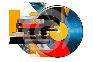 A record with a red yellow and blue label that magazine collage style AI generation