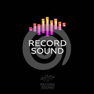 Record Sound studio logo. Recording music emblem. Letters and icon like equalizer.