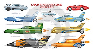 Record speed car vector landspeed automobile and fast vehicle transport on autoshow illustration machinery set of modern