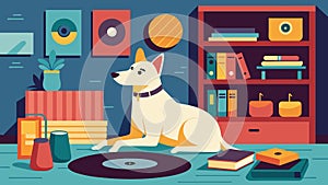 The record store owners dog a loyal companion and frequent visitor to the store lounges in the corner adding to the cozy photo