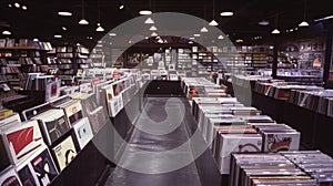 A record store in the 1990s with rows of vinyl records displayed alongside cassettes and CDs photo