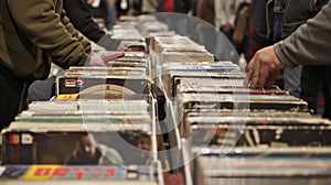 At a record swap meet collectors display their treasured vinyl albums and swap stories of their most prized finds photo