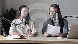 Recording audio podcast presenters run radio show in studio Spbi