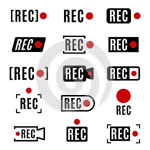 Recording sign vector illustration. Red panel rec icon set isolated. Camera button playing control