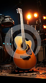 In the recording studio, an acoustic guitar awaits its time to harmonize.