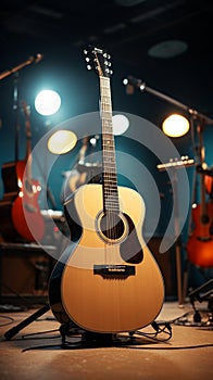 In the recording studio, an acoustic guitar awaits its time to harmonize.
