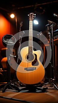 In the recording studio, an acoustic guitar awaits its time to harmonize.