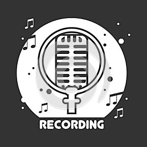 Recording studio black and white emblem with microphone