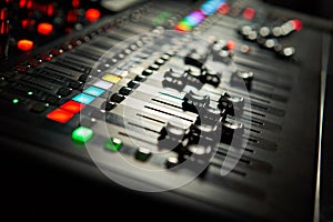 Recording studio equipment. Professional audio mixing console.