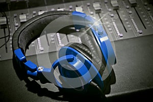 Recording studio headphones black white and blue