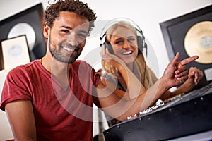 Recording studio, musician and portrait of producer for music, radio songs and audio with musical instruments