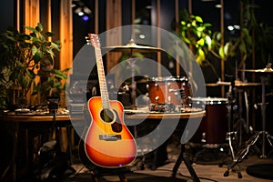 The recording studio room comes alive with the strums of an acoustic guitar.