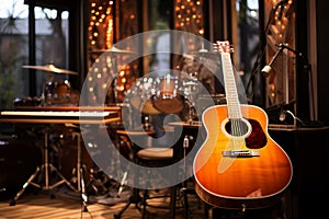 The recording studio room comes alive with the strums of an acoustic guitar. photo