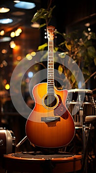 The recording studio room comes alive with the strums of an acoustic guitar. photo