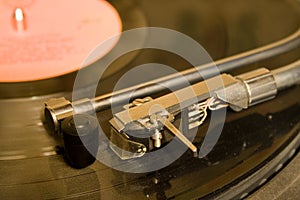 Recordplayer with black lp records photo