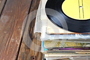 Records stack and old record. vintage filtered.