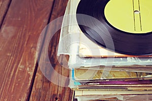 Records stack and old record. vintage filtered photo
