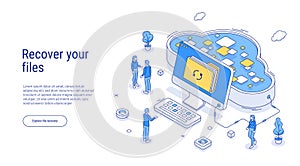 Recover your files using a backup on secure cloud storage. Restore important data. Isometric cloud technology. Outline