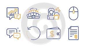Recovery data, Employees messenger and Cleaning icons set. Computer mouse, Dollar wallet and Accounting signs. Vector