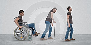 Recovery of handicapped disabled man on wheelchair