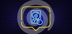 Recovery hdd line icon. Backup data sign. Restore information. Neon light speech bubble. Vector