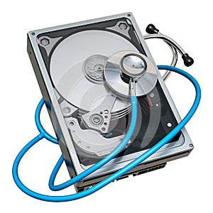 Recovery and repair of HDD. Hard Disk Drive with stethoscope, 3D rendering