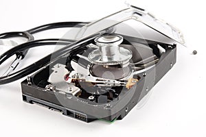 RECOVERY AND REPAIR TECHNOLOGY CONCEPT: Hard Disk Drive HDD with stethoscope isolated on white.