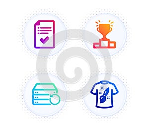 Recovery server, Approved checklist and Winner podium icons set. T-shirt design sign. Vector