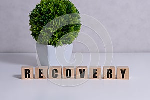 Recovery word written on wood block on table.