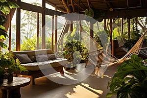 Recreation area of an eco hotel or eco house with hammocks and lots of green plants, creating a serene and relaxing