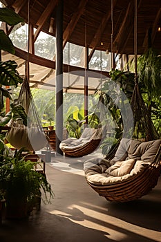 Recreation area of an eco hotel or ecolodge house with cozy hammocks and various greenery, creating a serene and