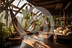 Recreation area of an eco hotel with hammocks, cozy sofas and green environment, creating a serene and relaxing ambiance