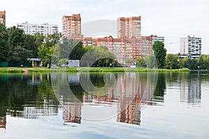 Recreation area on shore of the city pond