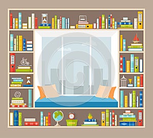 Recreation area on the windowsill. The organization of a place for reading books. Vector interior