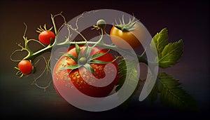 Recreation artistic of a tomato plant with tomatoes in branch. Illustration AI