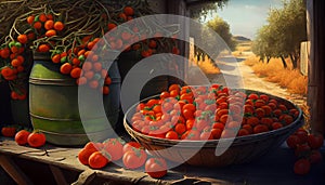 Recreation artistic of vintage truck full of red tomatoes