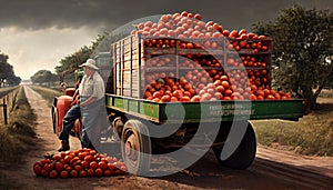 Recreation artistic of vintage truck full of red tomatoes