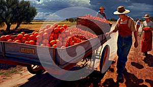 Recreation artistic of vintage truck full of red tomatoes