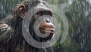 Recreation of a bipedal hominid looking the rain falls in the jungle