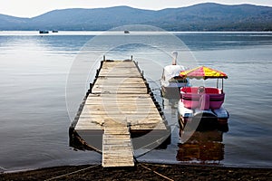 recreation boats on Lake Yamanaka in morning