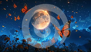 Recreation of butterflies flying a full moon night