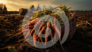 Recreation of carrots basket in a orchard at sunset