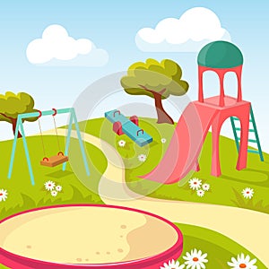 Recreation children park with play equipment vector illustration